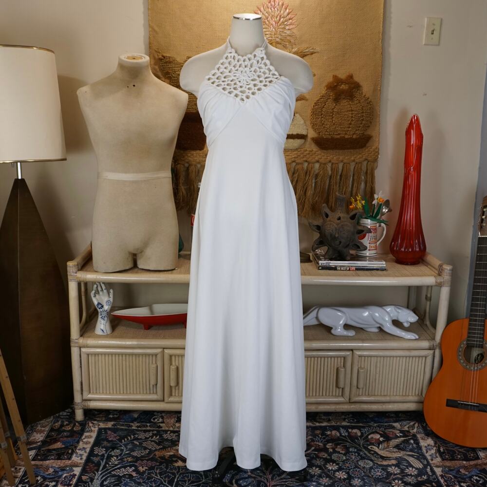 Vintage polyester macrame halter white maxi dress